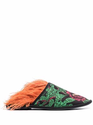La DoubleJ feather-detail slippers - Black