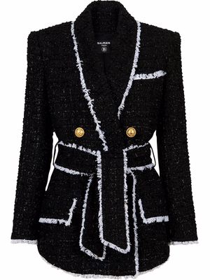 Balmain shawl-collar belted tweed jacket - Black