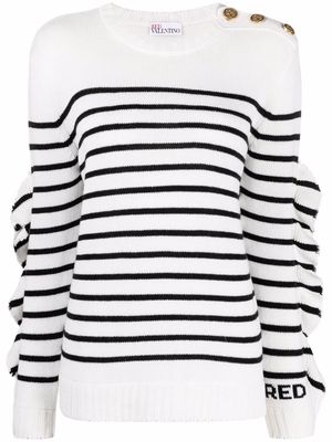 RED Valentino ruffle-detail striped knitted jumper - White