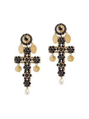 Dolce & Gabbana 18kt yellow gold cross black sapphires and pearl clip-on earrings