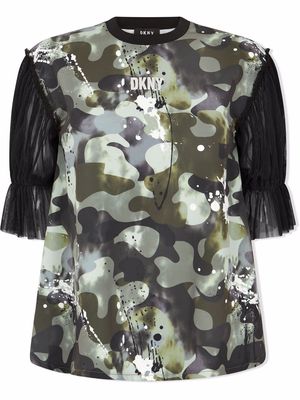 Dkny Kids camouflage-print tulle-sleeve T-shirt - Green