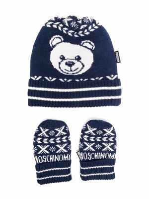 Moschino Kids knitted hat and mittens set - Blue