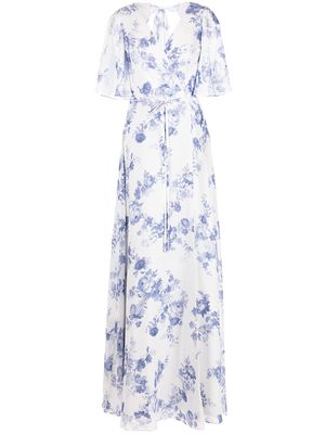 Marchesa Notte Bridesmaids floral-print wrapped maxi dress - Blue