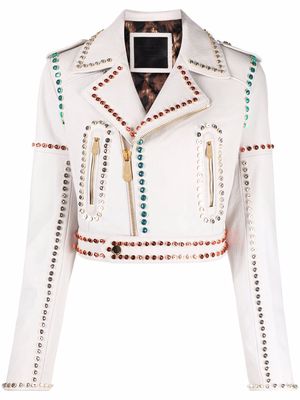 Philipp Plein crystal-trim studded cropped biker jacket - White