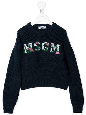 MSGM Kids floral logo-intarsia jumper - Blue