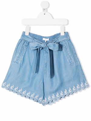 Chloé Kids C logo-embroidery scallop-edge shorts - Blue