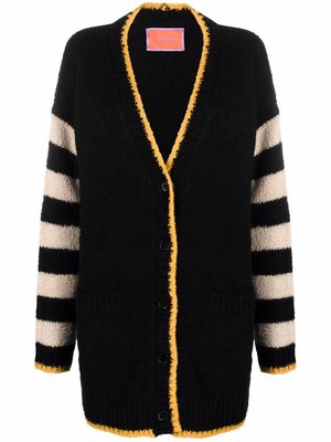 La DoubleJ striped-sleeve long wool cardigan - Black