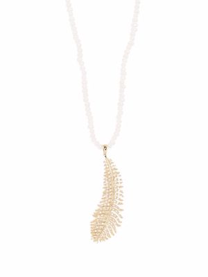 Mizuki 14kt yellow gold long Dancing pearl large diamond feather necklace