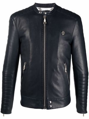 Philipp Plein embroidered leather jacket - Blue