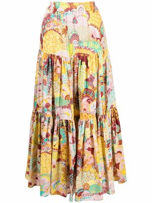 La DoubleJ abstract-print tiered skirt - Yellow