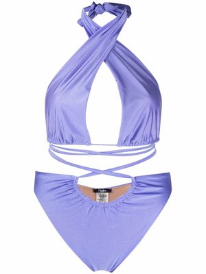 Noire Swimwear lattice-strap halterneck swimsuit - Blue