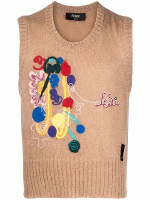 Fendi x Noel Fielding abstract-motif knitted gillet - Brown