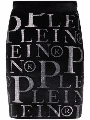 Philipp Plein rhinestone-logo velvet mini skirt - Black