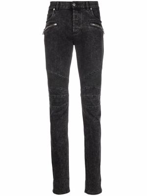 Balmain monogram ribbed-detail slim jeans - Black