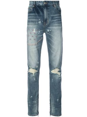 God's Masterful Children ripped embroidered slim-fit jeans - Blue