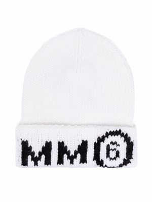 MM6 Maison Margiela Kids logo intarsia knitted beanie - White