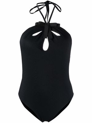 Self-Portrait bow-detailed halterneck swimsuit - Black