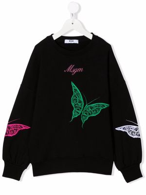 MSGM Kids butterfly-embroidered cotton sweatshirt - Black
