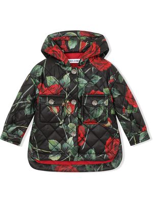 Dolce & Gabbana Kids quilted rose-print coat - Black