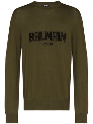 Balmain intarsia-logo crew-neck jumper - Green