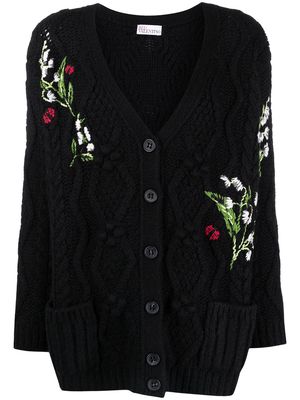 RED Valentino flower-detail intarsia-knit cardigan - Black