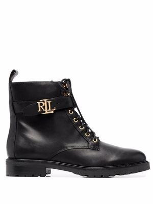 Lauren Ralph Lauren Burnished logo-plaque lace-up leather boots - Black