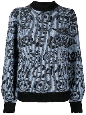 GANNI smiley-logo intarsia-knit jumper - Blue
