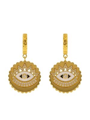 BUDDHA MAMA 20kt yellow gold scalloped evil eye enamel and diamond huggie earrings