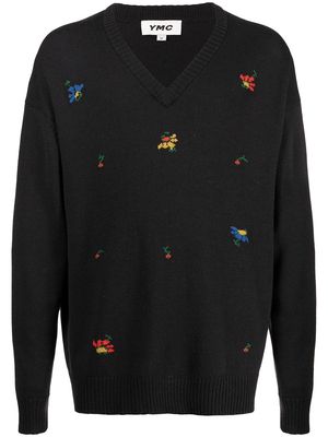 YMC Vertigo floral-knit V-neck jumper - Black