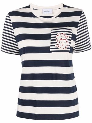 Salvatore Ferragamo striped logo-patch T-shirt - White