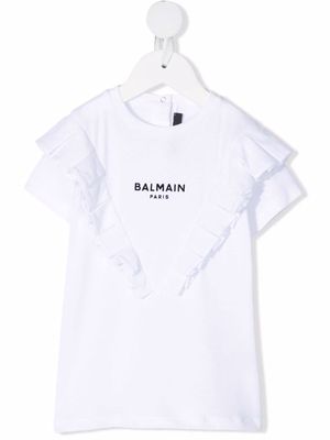 Balmain Kids ruffle-trim logo print T-shirt - White