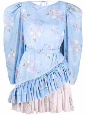 Ulyana Sergeenko floral-print two-tone mini dress - Blue