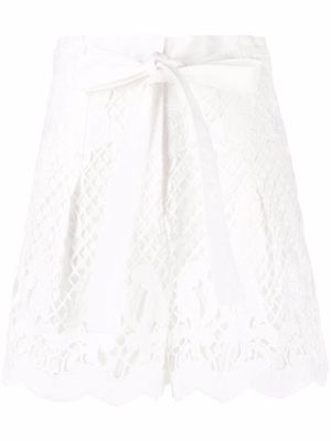 Self-Portrait scalloped-lace tie waist cotton shorts - White