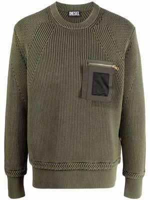 Diesel ribbed-knit patch-pocket jumper - Green