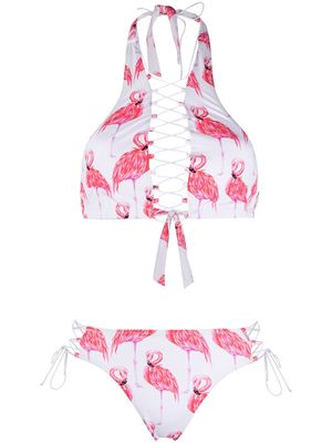 Noire Swimwear Addicted Flamingo lace-up bikini - White
