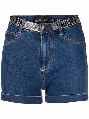 Philipp Plein rhinestone logo waistband denim shorts - Blue