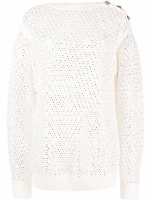 Philipp Plein pointelle-knit crystal-embellished jumper - White