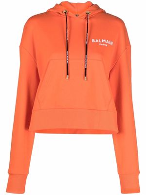 Balmain flocked-logo cropped hoodie - Orange