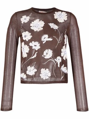 Tory Burch floral-embroidered knitted top - Brown