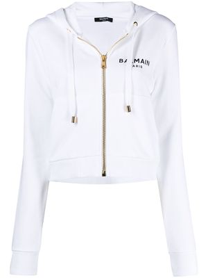 Balmain cropped logo print hooded jacket - White