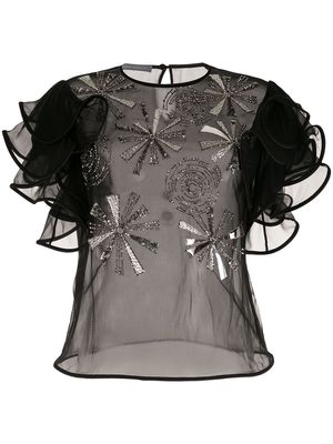 Alberta Ferretti embroidered ruffle sleeve blouse - Black