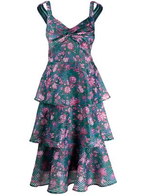 Marchesa Notte floral-print tiered flared midi dress - Green
