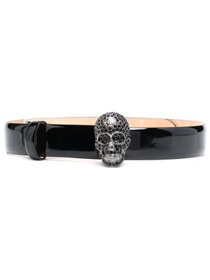 Philipp Plein crystal-skull patent leather belt - Black