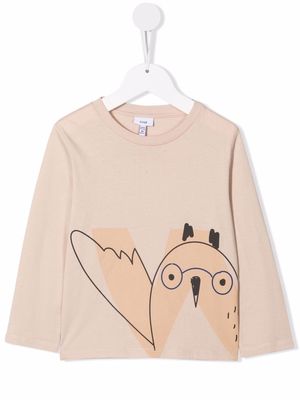 Knot owl-print long-sleeve organic cotton T-shirt - Neutrals