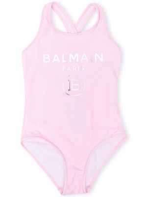 Balmain Kids logo print swimsuit - Pink