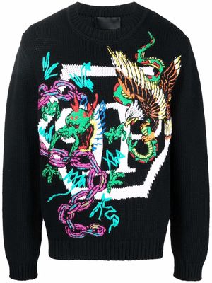 Philipp Plein patterned intarsia-knit jumper - Black