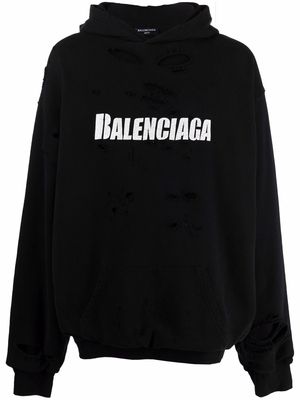 Balenciaga logo-print distressed pullover hoodie - Black