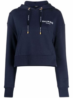 Balmain flocked logo hoodie - Blue