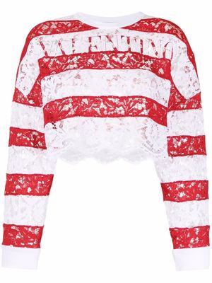Valentino flora-lace striped cropped sweatshirt - Red