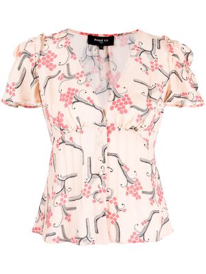Paule Ka blossom-print shortsleeved blouse - Pink
